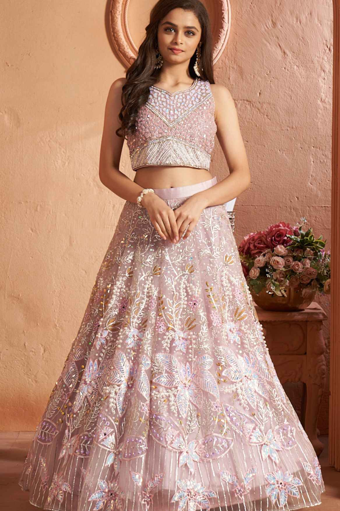 Designer Pastel Pink Sequins Embroidered And Stone Work Lehenga Choli Set For Girls