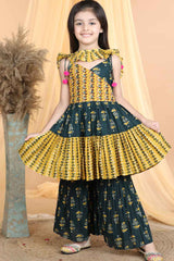 Green Sleeveless Printed Sharara Set For Girls