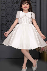 White Sequins And Pearl Work With Bow Embellished Party Wear Frock For Girls