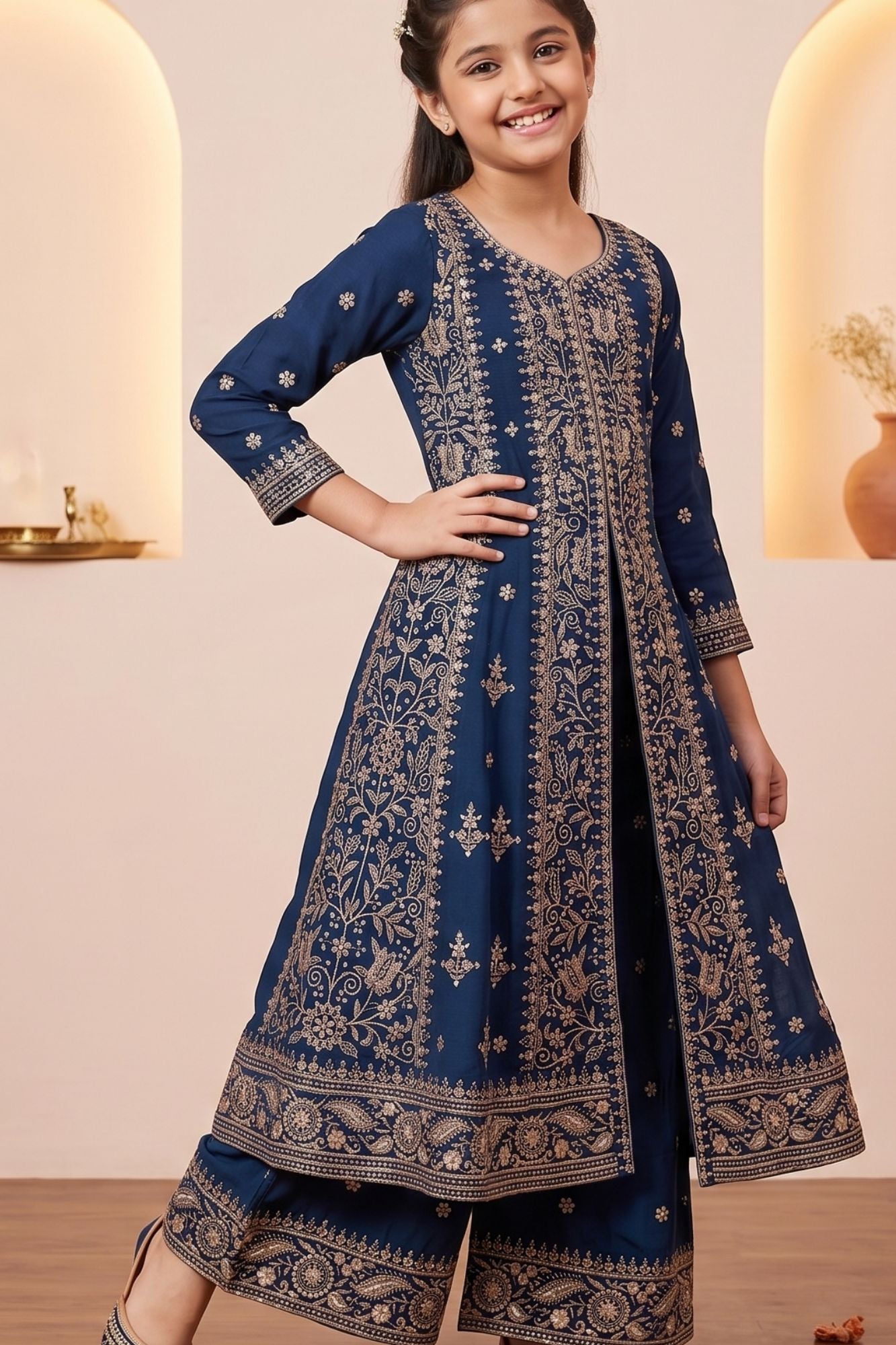 Navy Blue Zari Embroidered Palazzo Set For Girls