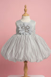 Grey Party Frock with Oversized Floral Appliqué and Pleated Shine Finish For Girls