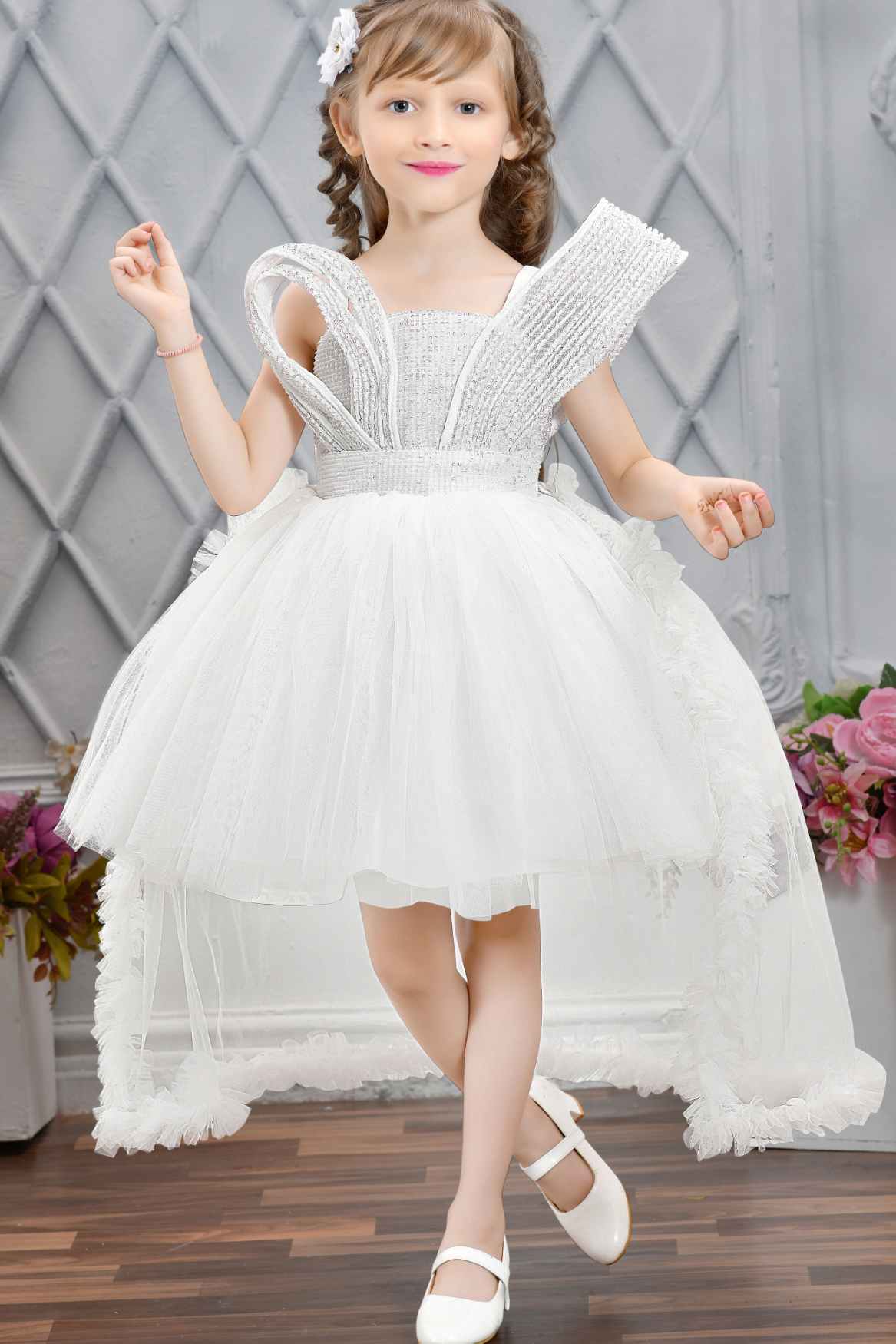 Designer White Sequin Partywear Net Tailback Frock For Girls