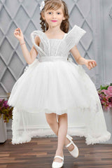 Designer White Sequin Partywear Net Tailback Frock For Girls