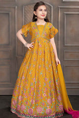 Mustard Printed Gown With Golden Embroidery For Girls