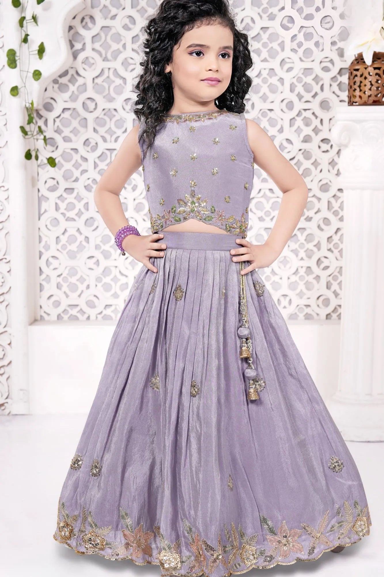 Lilac Embroidered Lehenga Choli For Girls