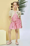 Peach Co ord Set with Beige Crochet Shrug For Girls