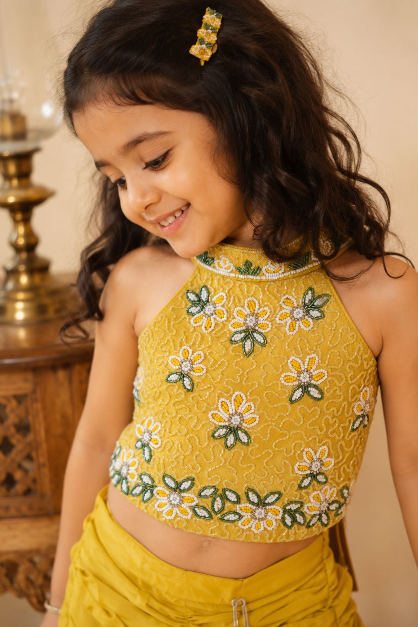 Girls Yellow Embroidered Halter Neck Choli Set with Dupatta
