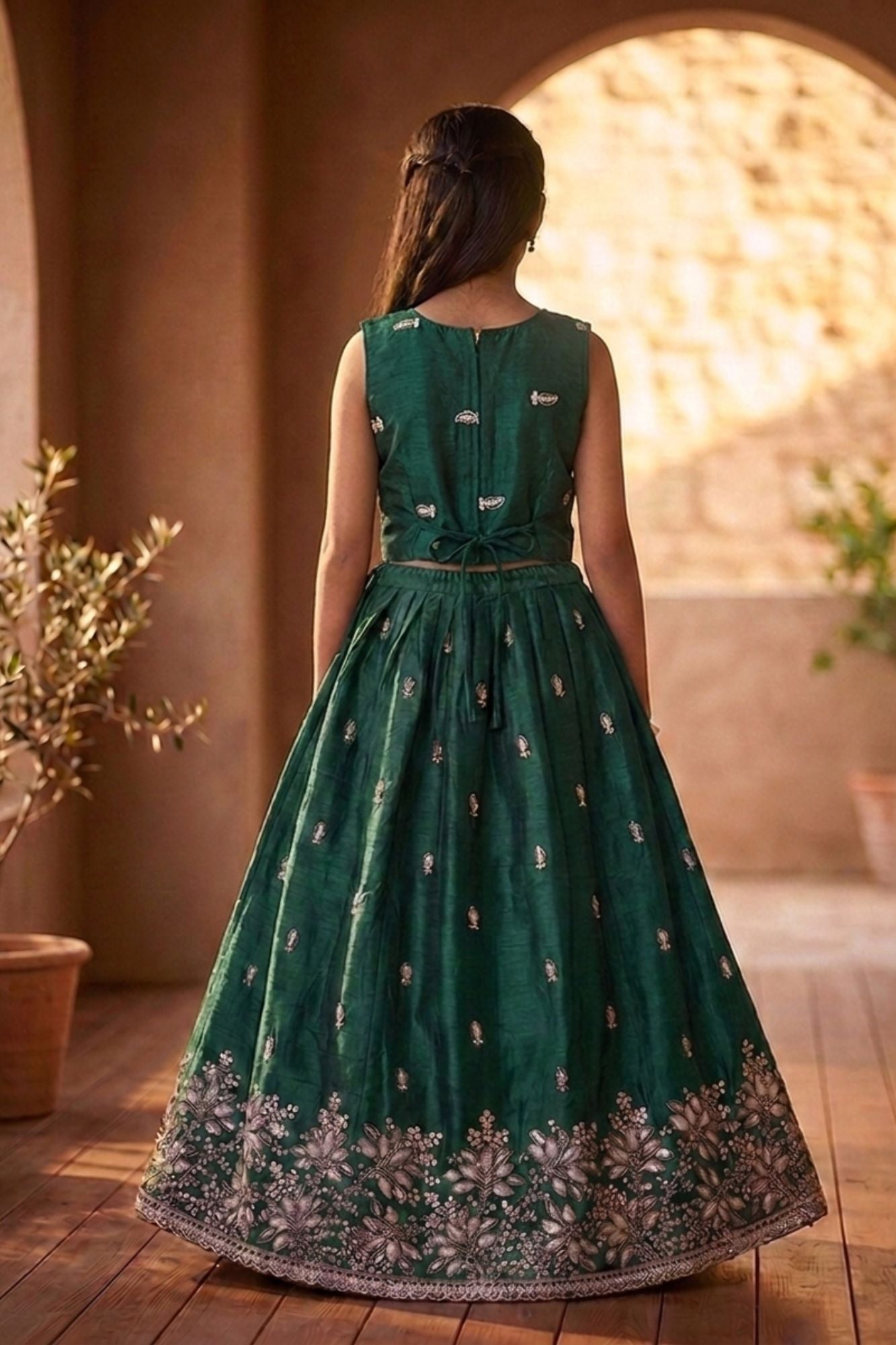 Girls Teal Green Floral Embroidered Ethnic Lehenga Choli Set with Dupatta