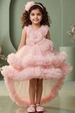 Girls Baby Pink Designer Frock with 3D Floral Detail and Layered Tulle