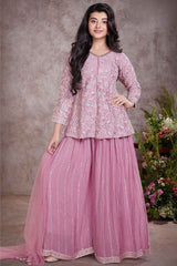 Pink Full Sleeves And Sequin Embroidered Palazzo Set For Girls