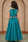 Girls Rama Green Embroidered Lehenga Choli Set with Dupatta