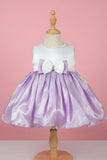 White & Lavender Satin Party Frock with Pearl Neckline and Bow Accent For Girls