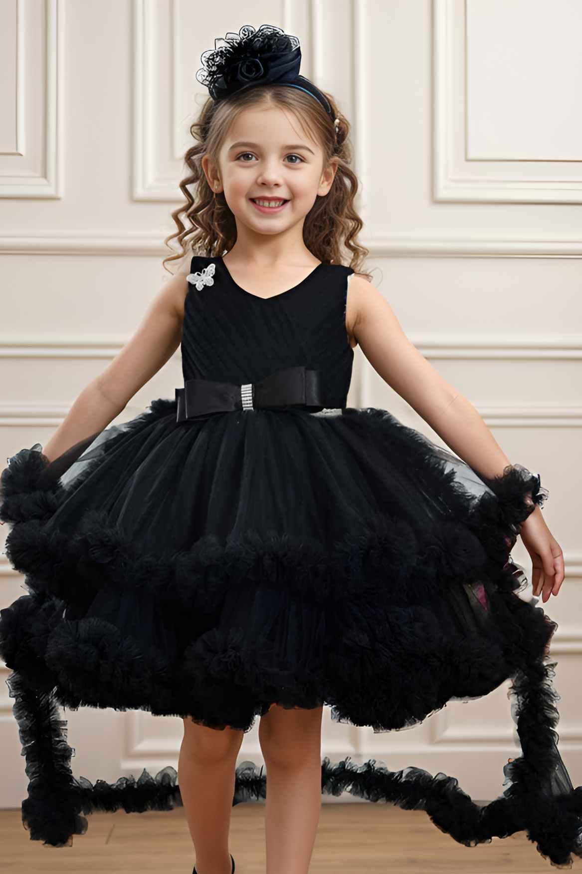 Black Net Party Wear Tailback Frock Embellished With Bow For Girls - Lagorii Kids