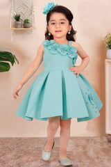 Green Sleeveless With Floral Embellishment And Pearl Frock For Girls