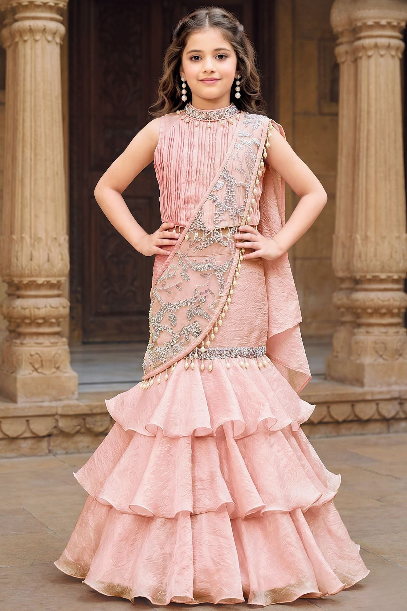 Blush Pink Ruffle Lehenga Choli With Embroidered Draped Dupatta For Girls