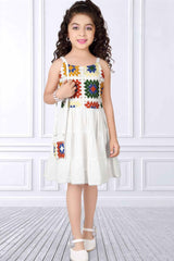 White Casual Frock With Crochet Work For Girls