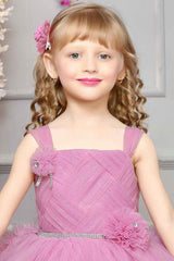 Pink Sleeveless Stone Work And Floral Embellished Tail Back Frock For Girls