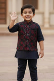 Navy Blue Embroidered Kurta Set with Nehru Jacket For Boys
