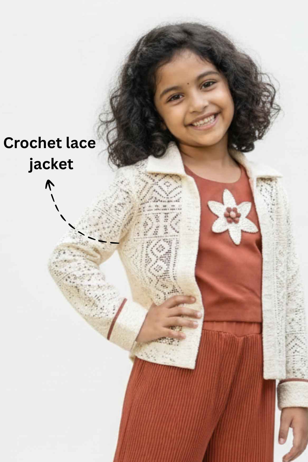 Brown Co-ord Set with Cream Lace Jacket & Floral Motif Top For Girls