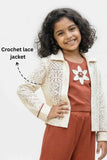 Brown Co-ord Set with Cream Lace Jacket & Floral Motif Top For Girls