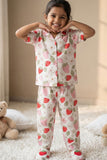 Off White Strawberry Floral Printed Night Suit Set For Girls