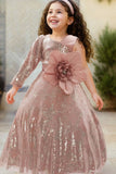 Peach Sequin Party Frock with Oversized Floral Bow For Girls