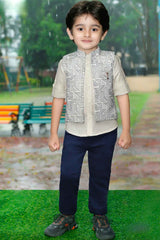 Cream Full Sleeves And Printed Waist Coat Set For Boys