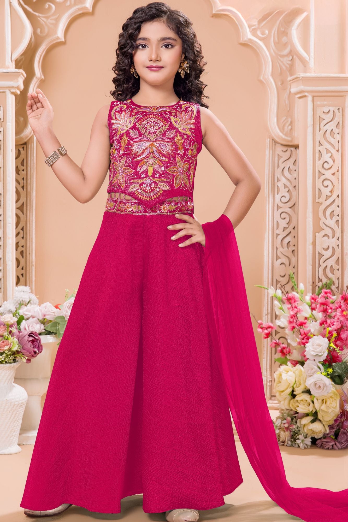 Rani Pink Sequins Work With Thread Embroidery For Palazzo Set For Girls