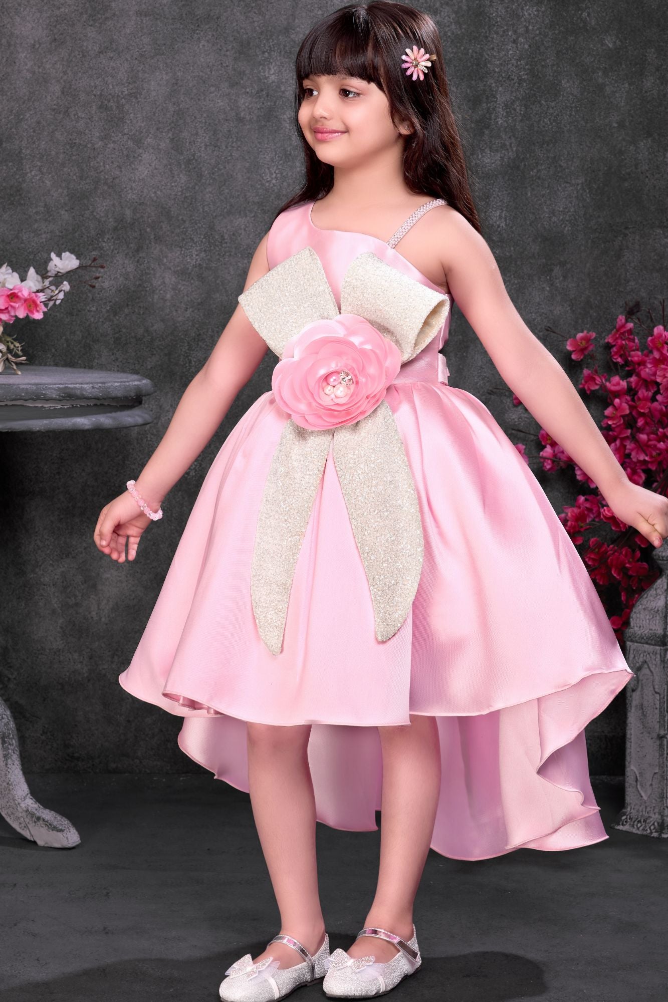 Blush Pink High-Low Party Frock Wiith 3D Floral Waist Detail For Girls