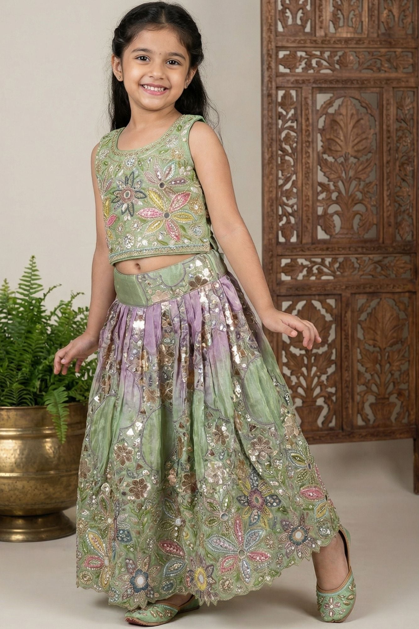 Sage Green Floral Embroidered Lehenga Choli For Girls