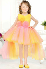 Lemon Netted Embellished With Flowers Partywear Frock For Girls