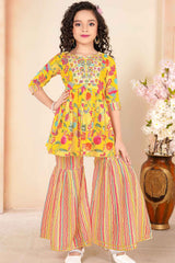 Yellow Embroidered Top With Sharara Bottom Set For Girls