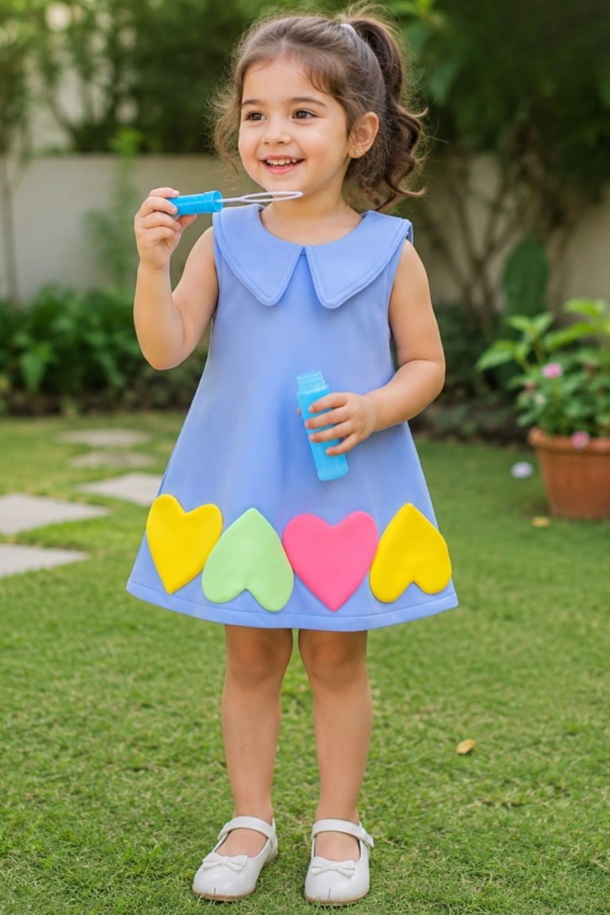 Girls Blue Heart Applique Party Frock