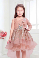 Shimmer Peach Tailback Frock With Floral Embellishments For Girls