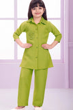 Green Casual Top With Matching Straight Pant Set For Girls
