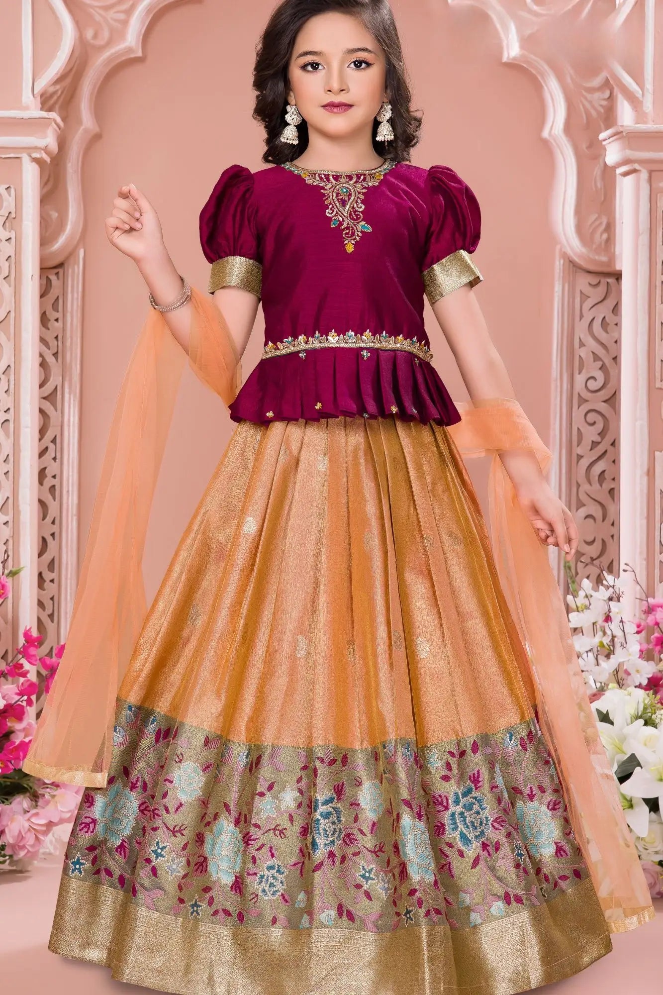 Maroon And Peach Silk Pattu Pavadai with Puff Sleeves For Girls