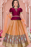 Maroon And Peach Silk Pattu Pavadai with Puff Sleeves For Girls