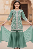 Sea Green Thread Embroidered Short Kurti with Sharara and Dupatta For Girls