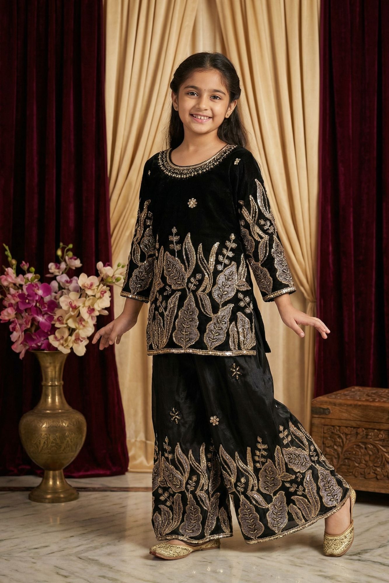 Black Heavy Embroidered Palazzo Set For Girls