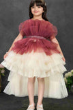 Maroon and Ivory Layered Tailback Party Dress For Girls