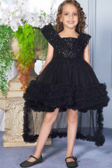 Designer Black Sequin Partywear Net Tailback Frock For Girls