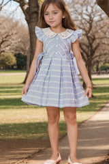 Blue Cotton Casual Frock With Peter Pan Collar For Girls