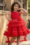 Red Ruffle Layered High-Low Party Frock For Girls