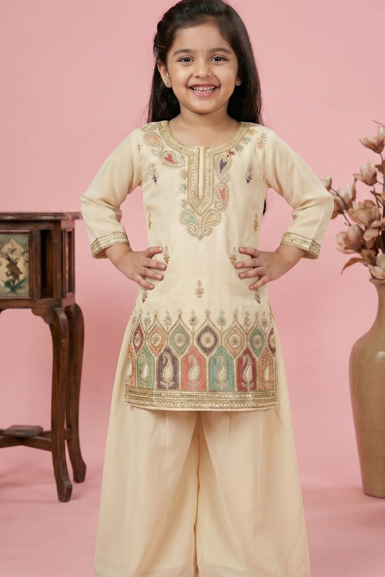 Beige Multicolor Embroidered Palazzo Set For Girls