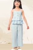 Blue And White Striped Sleeveless Layered Top And Pant Set For Girls