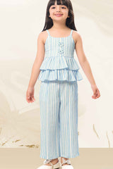 Blue And White Striped Sleeveless Layered Top And Pant Set For Girls