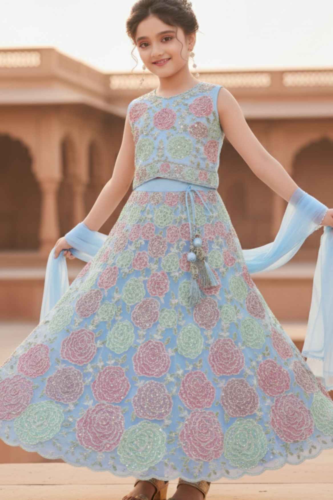 Sky Blue Floral Embroidered Lehenga Choli Set With Dupatta For Girls