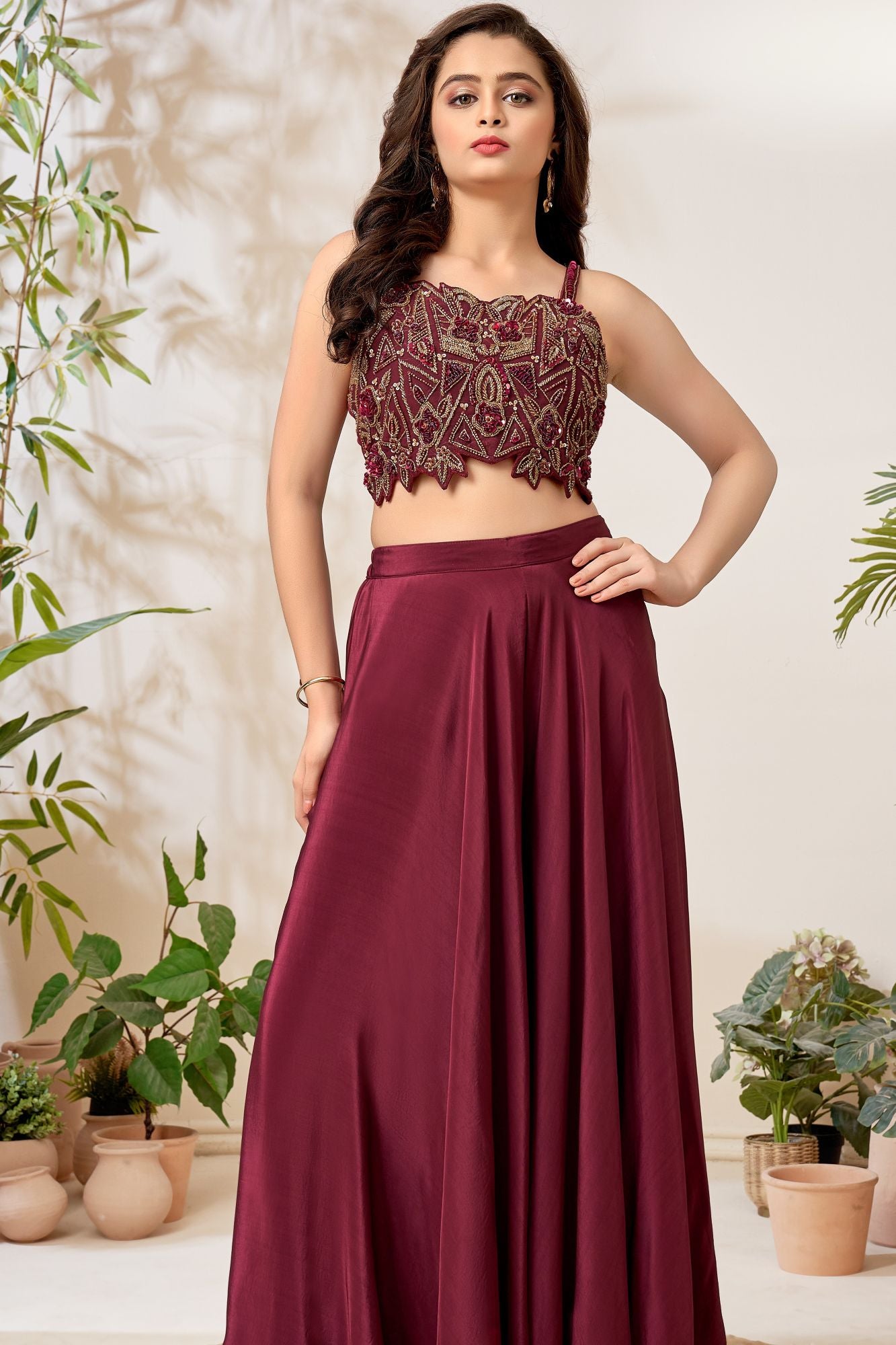 Plum Embroidered Crop Top with Flared Palazzo Set For Girls