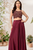 Maroon Embroidered Crop Top with Flared Palazzo Set For Girls