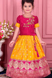 Pink and Mustard Yellow Pattu Pavadai Set With Embroidery For Girls